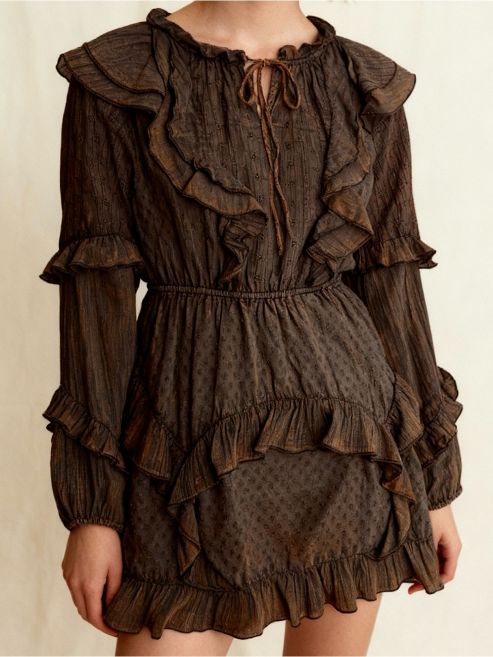 Witch Boho Ruffle Peasant Dress Women’s Medium Brown Romantic Vintage Style Kyra